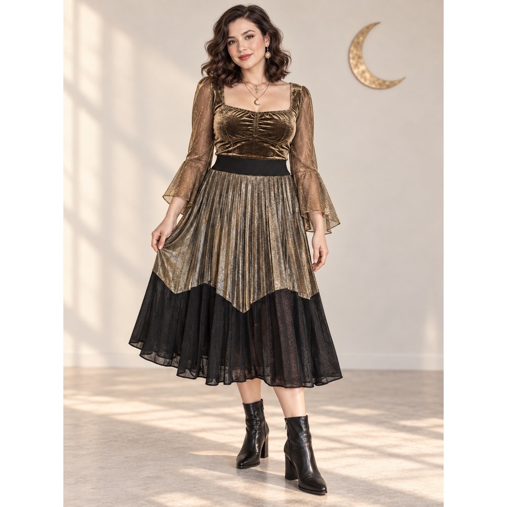 Whimsigoth Fairygrunge Boho Metallic Gold Black Pleats Colorblock XL Midi Skirt